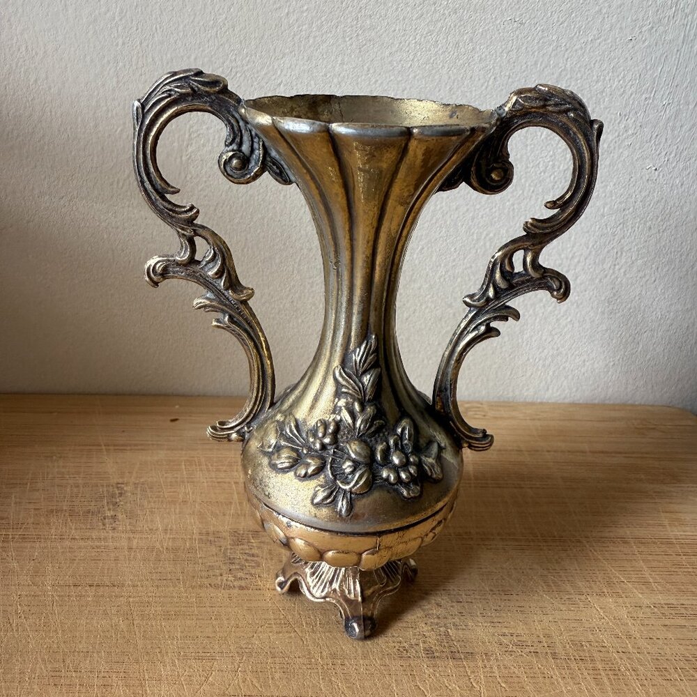 Vintage Hollywood Regency Ornate Metal Vase Rococo Urn Floral Relief